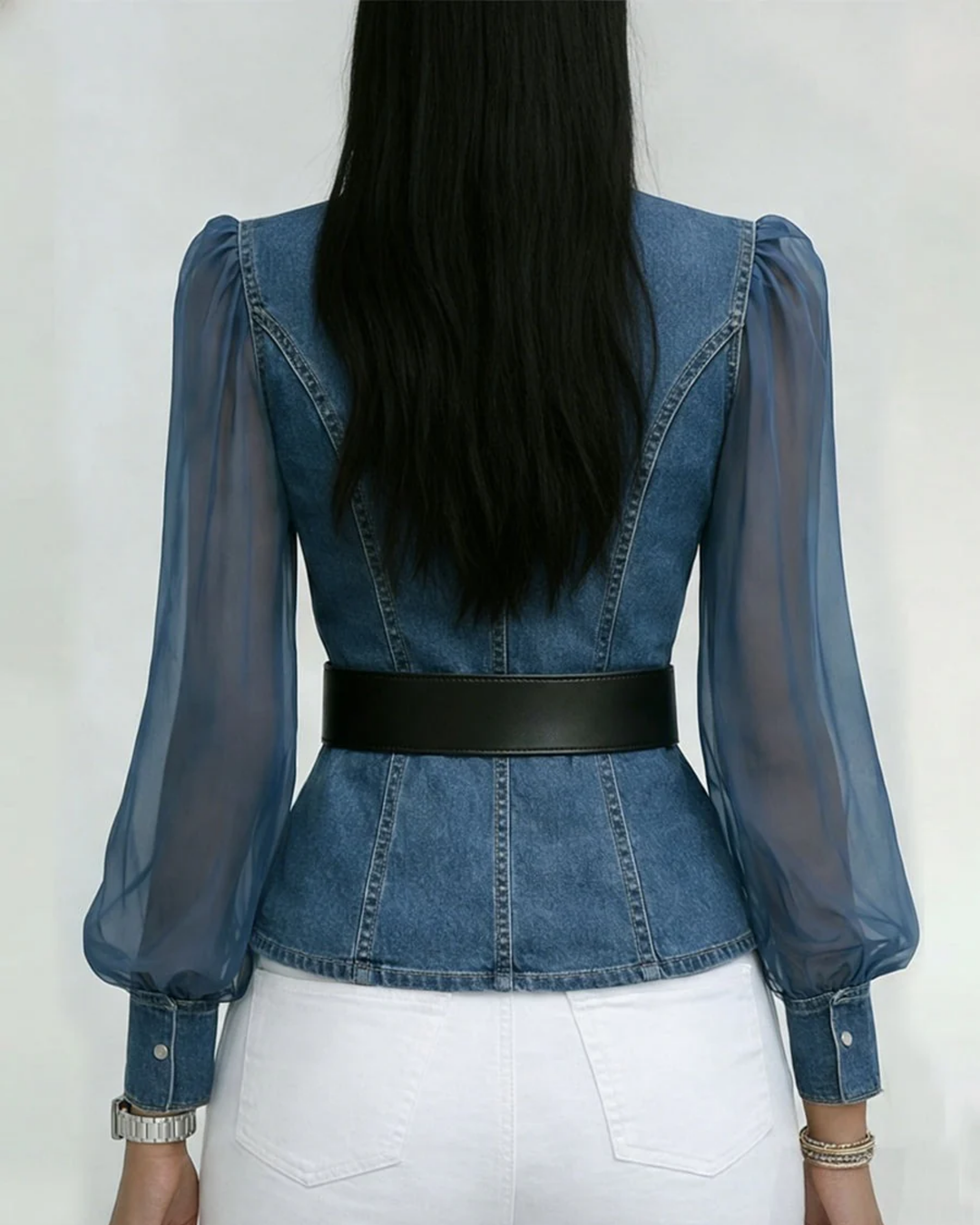 Vessa | Top en denim avec manches en mousseline légère